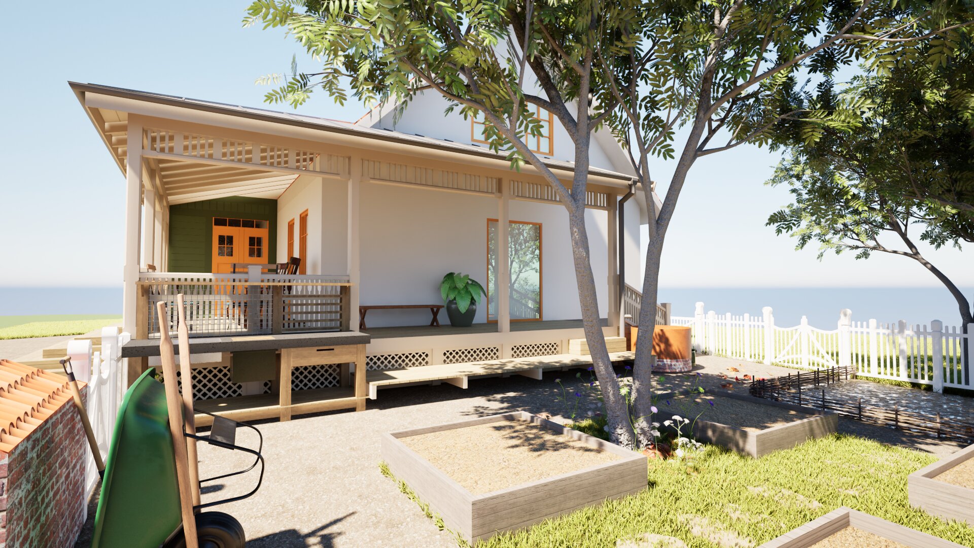 VERAPŌCHI — garden beds and porch in summer