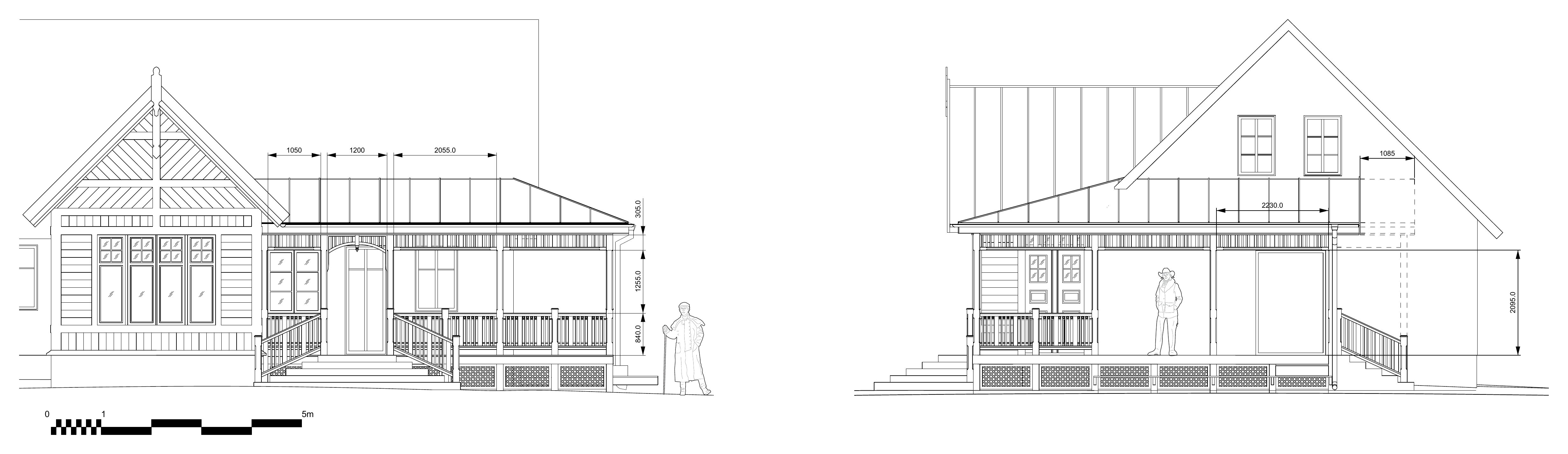 VERAPŌCHI — south and east façade elevations with dimensions